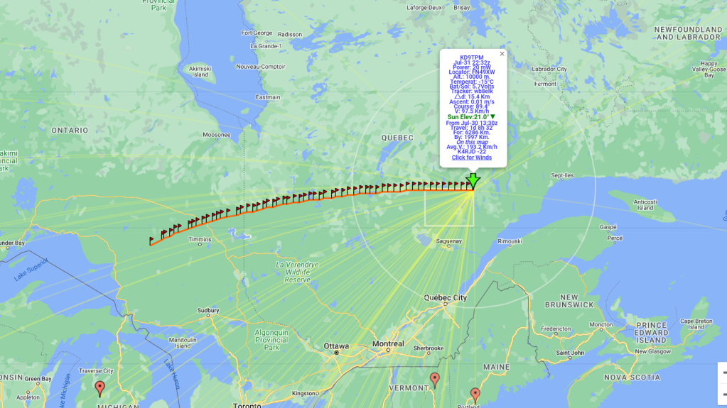 Pico Balloon KD9TPM is located North of Quebec City Canada, heading East towards St. Pierre and Miquelon Territory