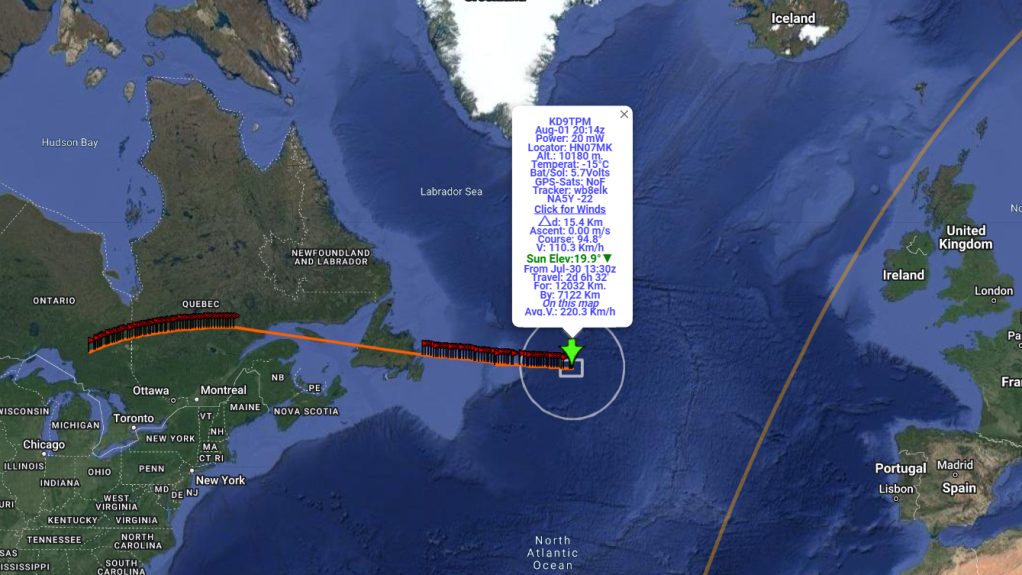 KD9TPM is over the Middle of the Atlantic Ocean heading towards Dublin Ireland. 